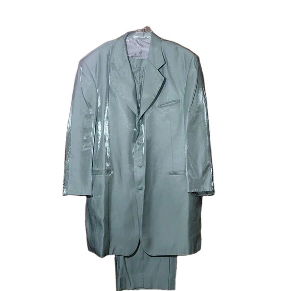 Vintage Falcone's Men's Extra Long Jacket Shimmery Satin Green 2Pc Formal Suit - Picture 1 of 14